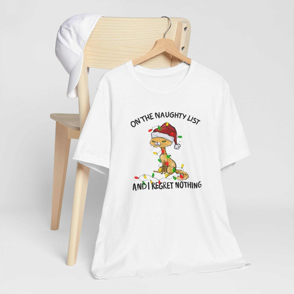 Naughty List Cat Santa Hat Lights Short Sleeve Tee Shirt on hanger with festive design.