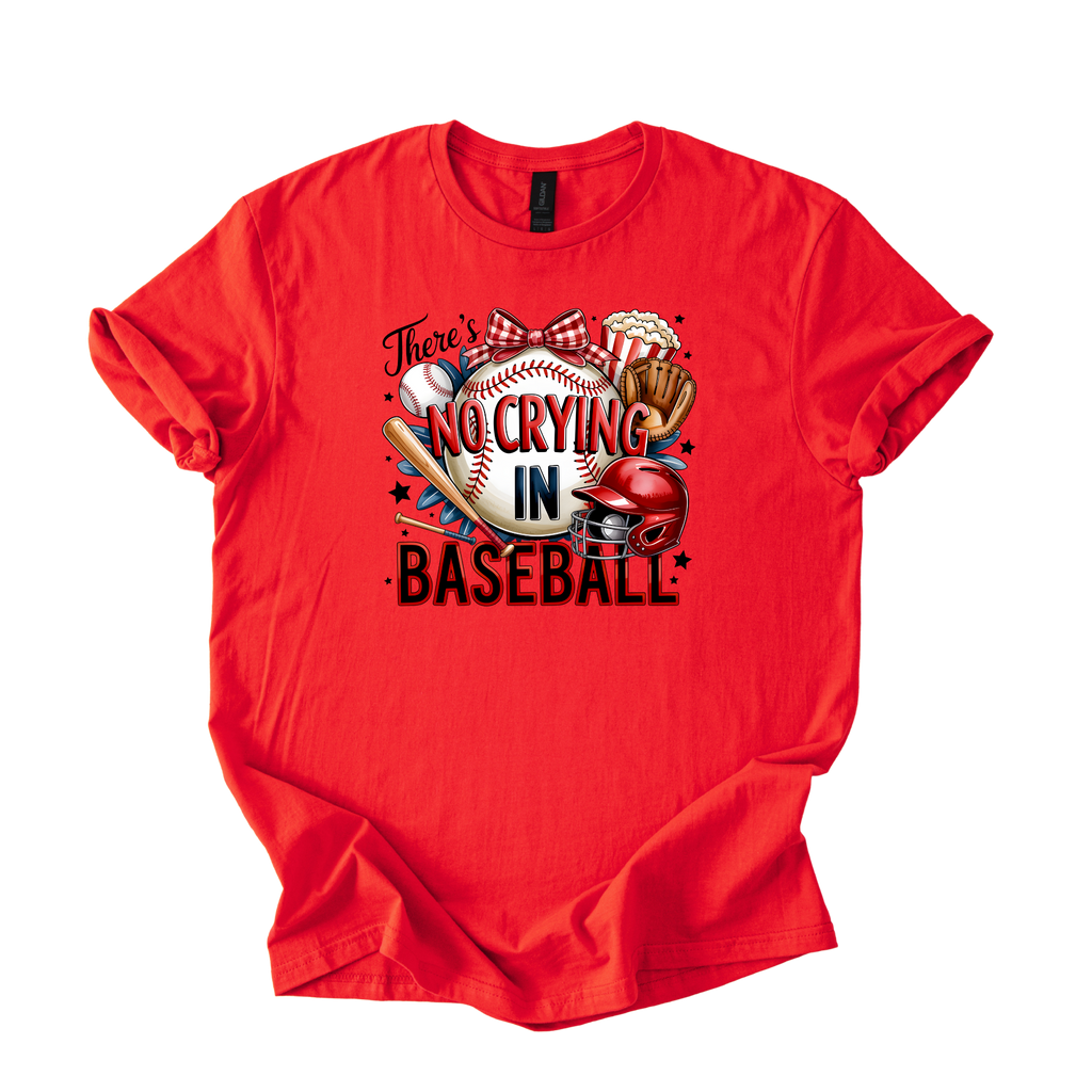 No Crying in Baseball funny baseball mom t-shirt with bat, glove, helmet, and bow graphic
