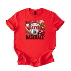 No Crying in Baseball funny baseball mom t-shirt with bat, glove, helmet, and bow graphic