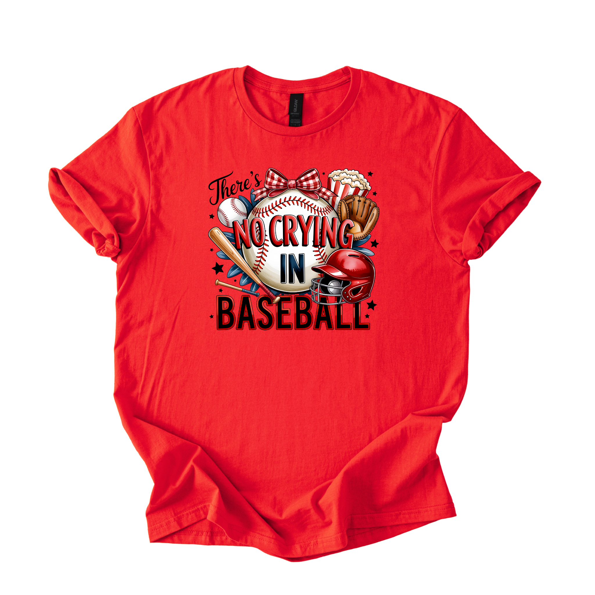 No Crying in Baseball funny baseball mom t-shirt with bat, glove, helmet, and bow graphic