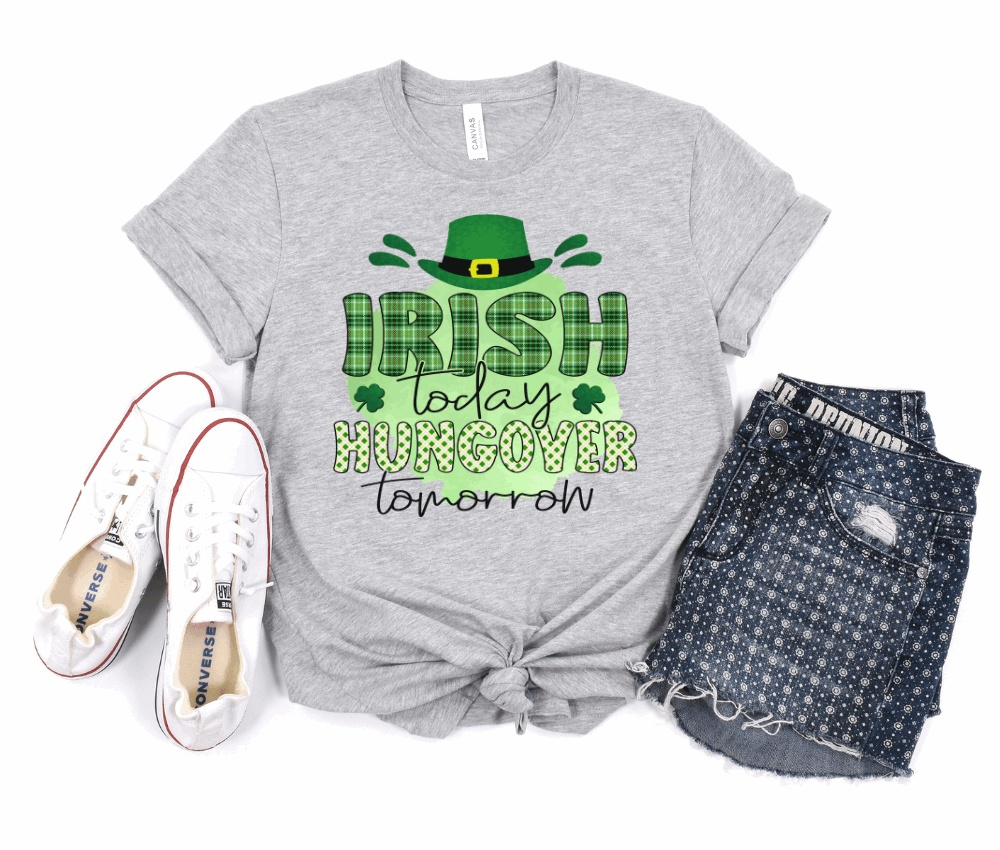 St Patrick's Day shirt with "Irish Today Hungover Tomorrow" text, paired with sneakers and denim shorts.