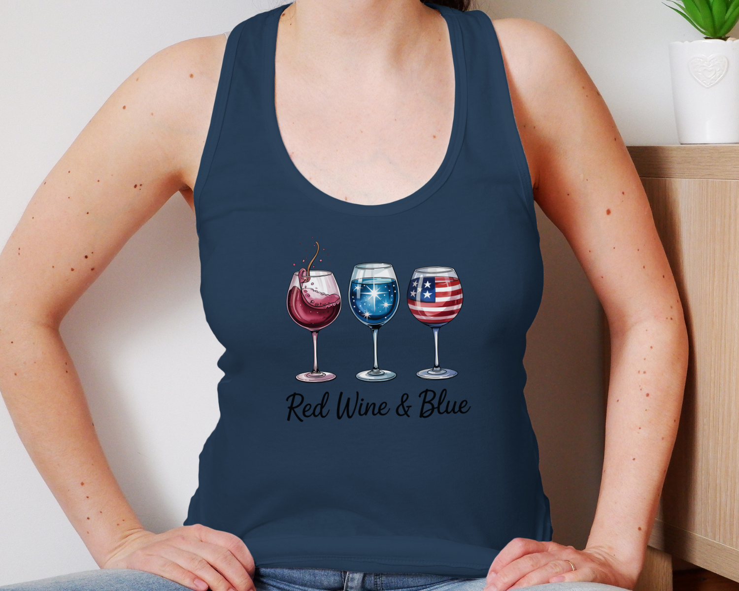 Racerback tank top with "Red Wine & Blue" design and patriotic wine glass graphics.