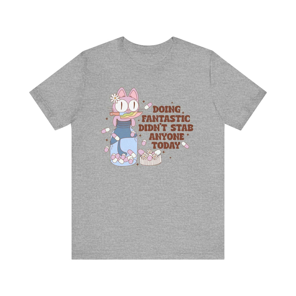 Gray unisex tee with distressed cat graphic and humorous mental health message.