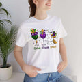 Mardi Gras themed unisex shirt with "Drink, Drank, Drunk" design in colorful festive style.