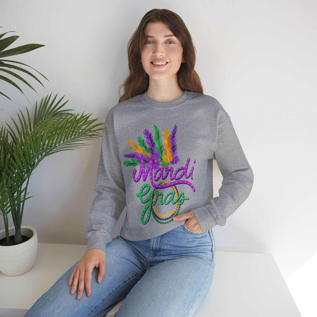 Unisex Gildan sweatshirt for celebrating Mardi Gras with vibrant colors and festive design.