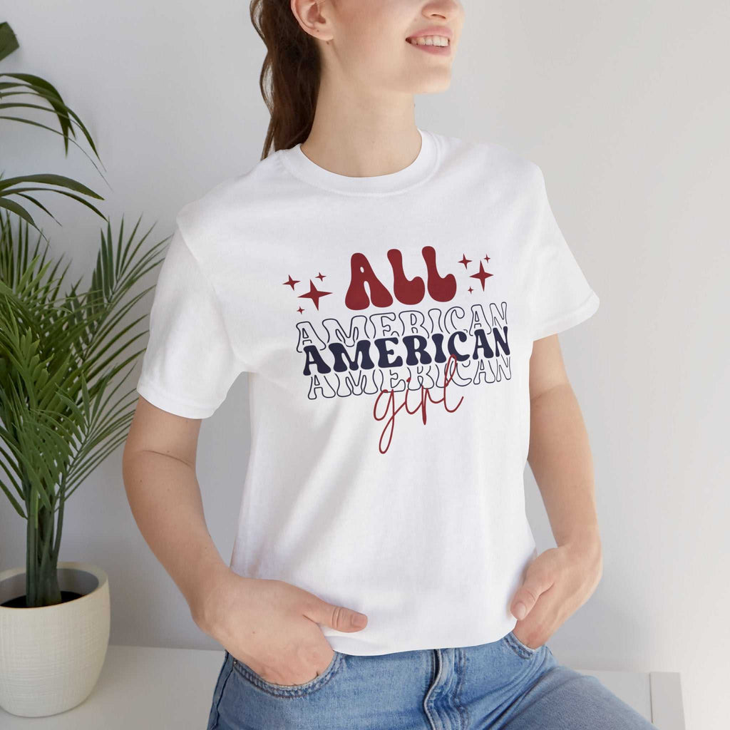 All American Girl Independence Day T-shirt with red, white, and blue graphics.
