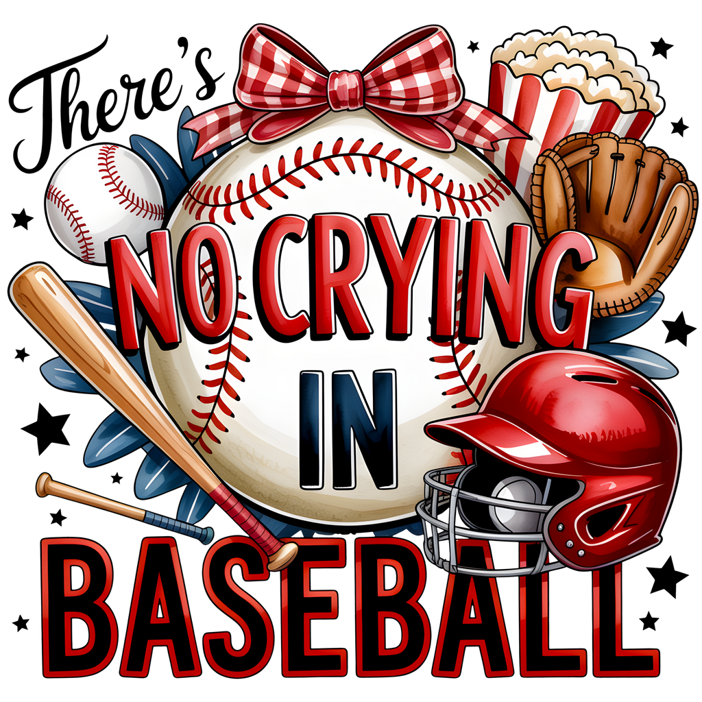 There's No Crying in Baseball DTF heat press transfer design on fabric