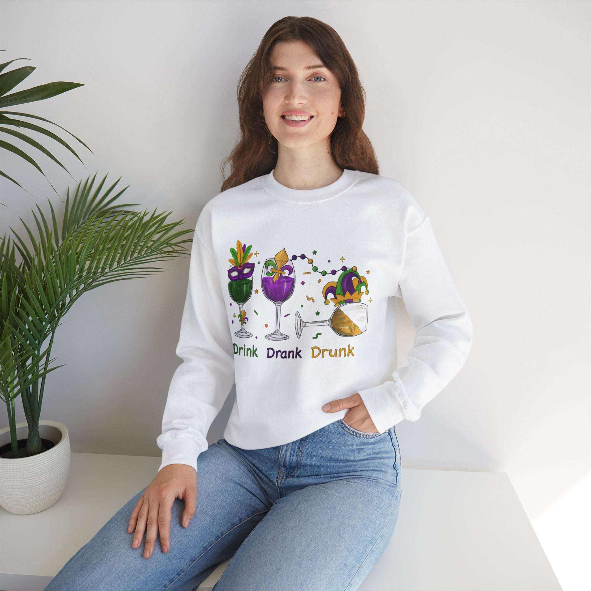 Mardi Gras Shirt Drink Drank Drunk Unisex Gildan 18000 Sweatshirt with festive design.