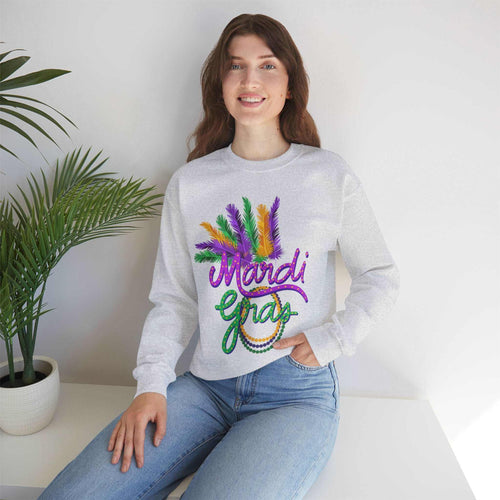 Unisex Mardi Gras sweatshirt with colorful beads and feathers design, perfect for celebrating in style.
