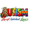 Colorful Autism Acceptance DTF Print design with "Accept Understand Love" message and puzzle patterns