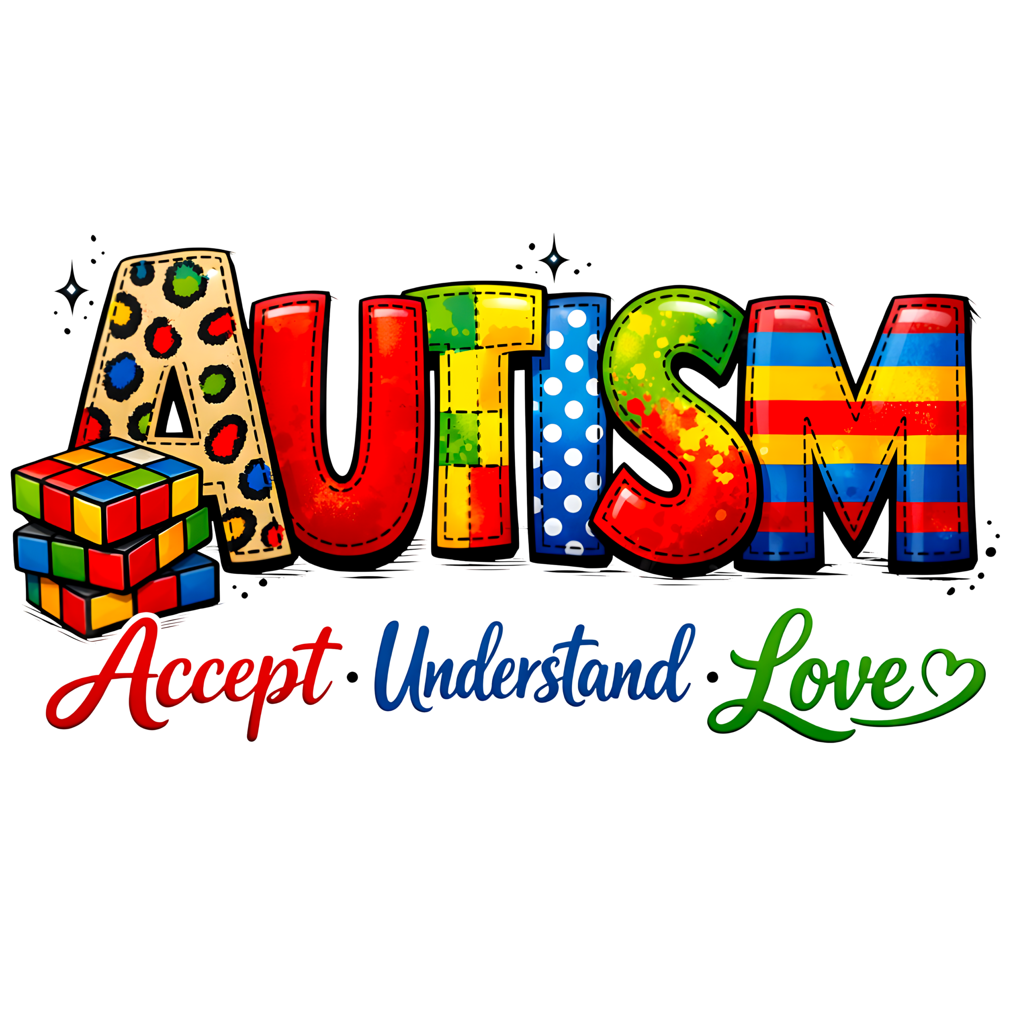 Colorful Autism Acceptance DTF Print design with "Accept Understand Love" message and puzzle patterns