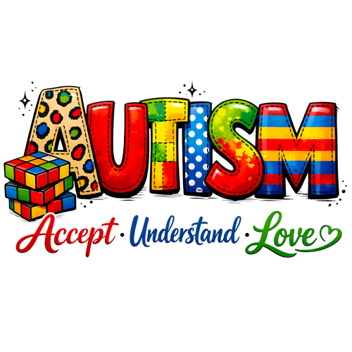 Colorful Autism Acceptance DTF Print design with "Accept Understand Love" message and puzzle patterns