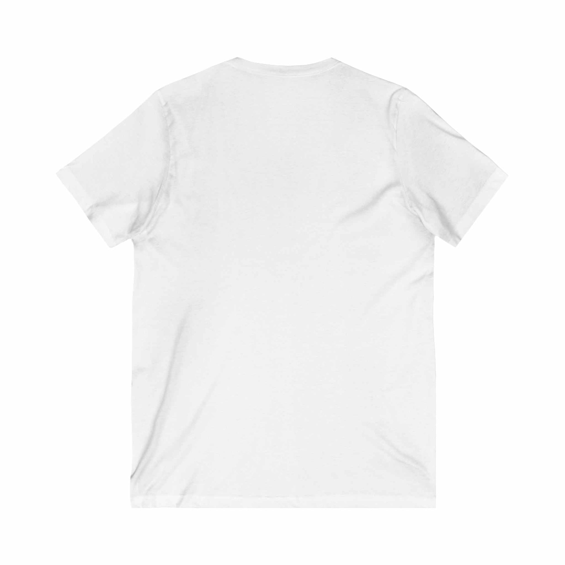 Unisex jersey short sleeve V-neck tee in white, showcasing the back view.