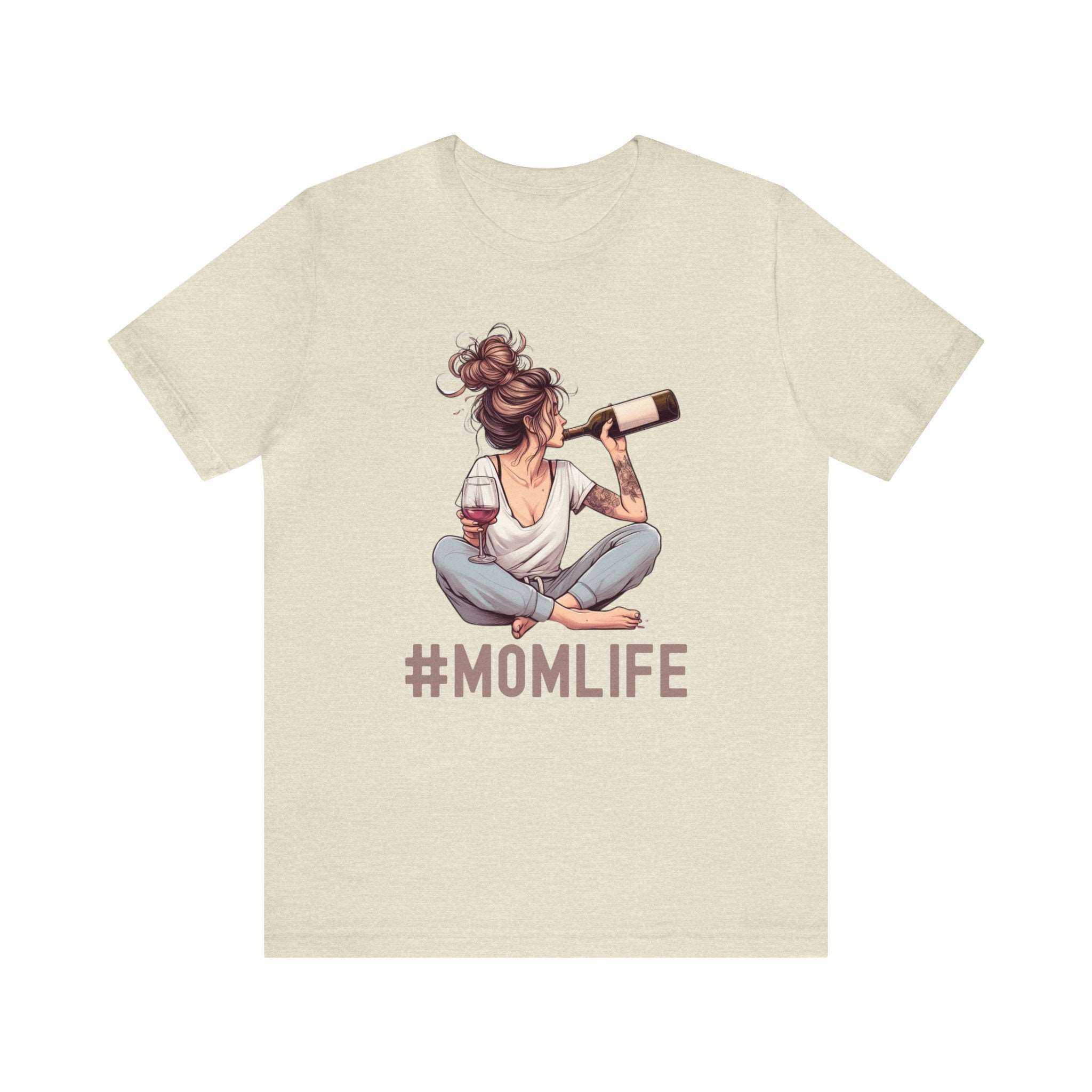 #MomLife wine shirt featuring a playful mom graphic with a wine bottle, capturing the essence of motherhood.