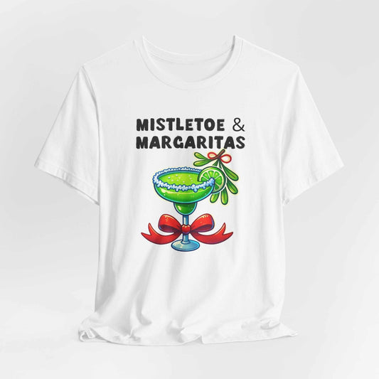 White festive shirt with "Mistletoe & Margaritas" text and holiday margarita glass design