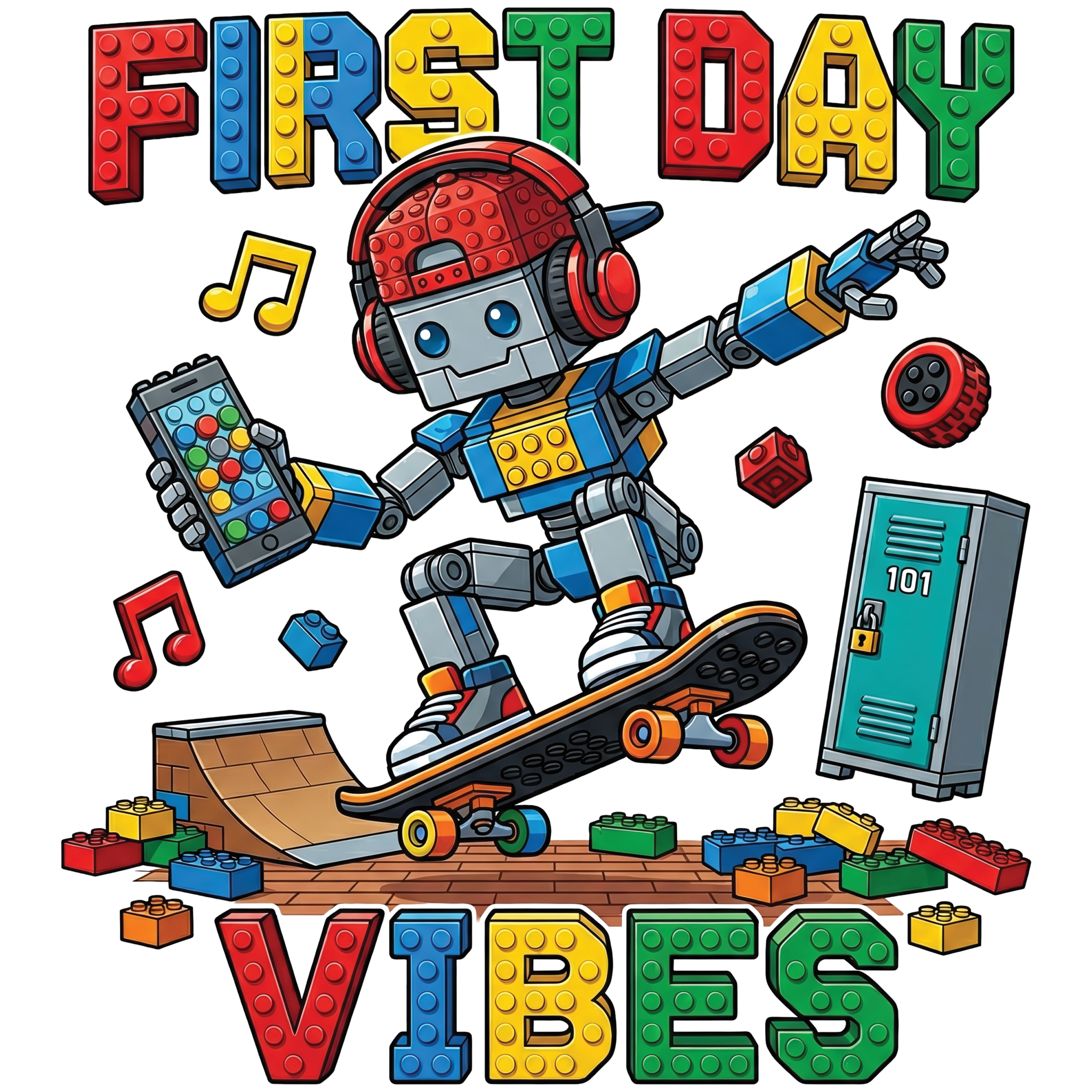 Kids wearing colorful block builder outfits with Watch Out Kindergarten print on first day of school