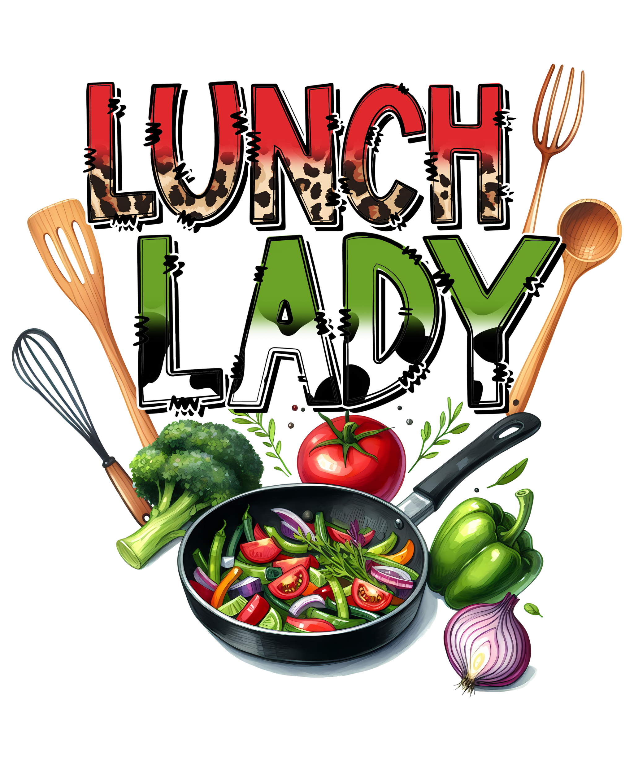 Lunch Lady cafeteria worker with Watch Out Kindergarten text DTF print design