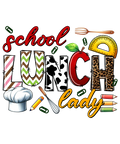 School lunch lady serving food with Watch Out Kindergarten design on adult DTF print shirt