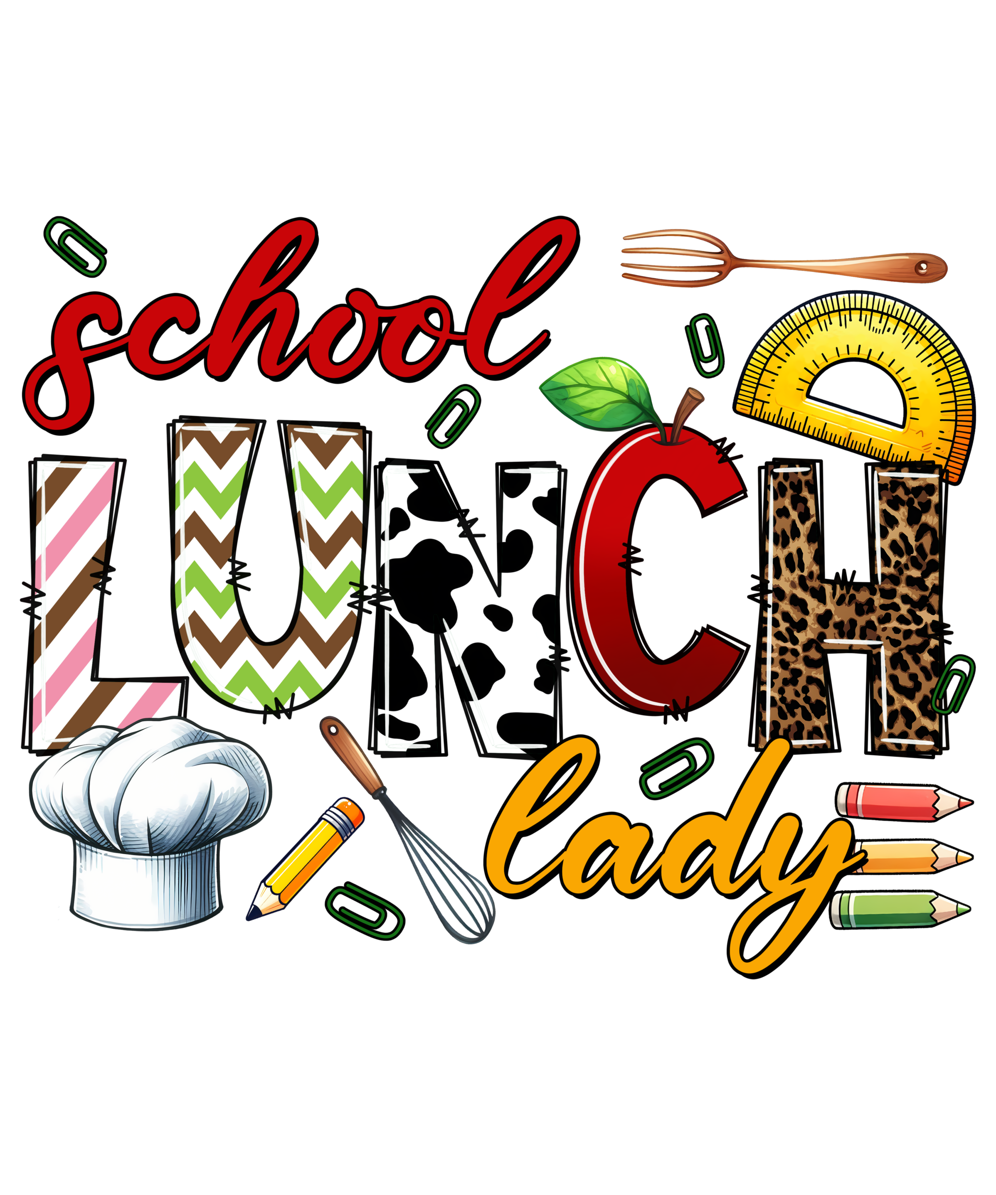 School lunch lady serving food with Watch Out Kindergarten design on adult DTF print shirt