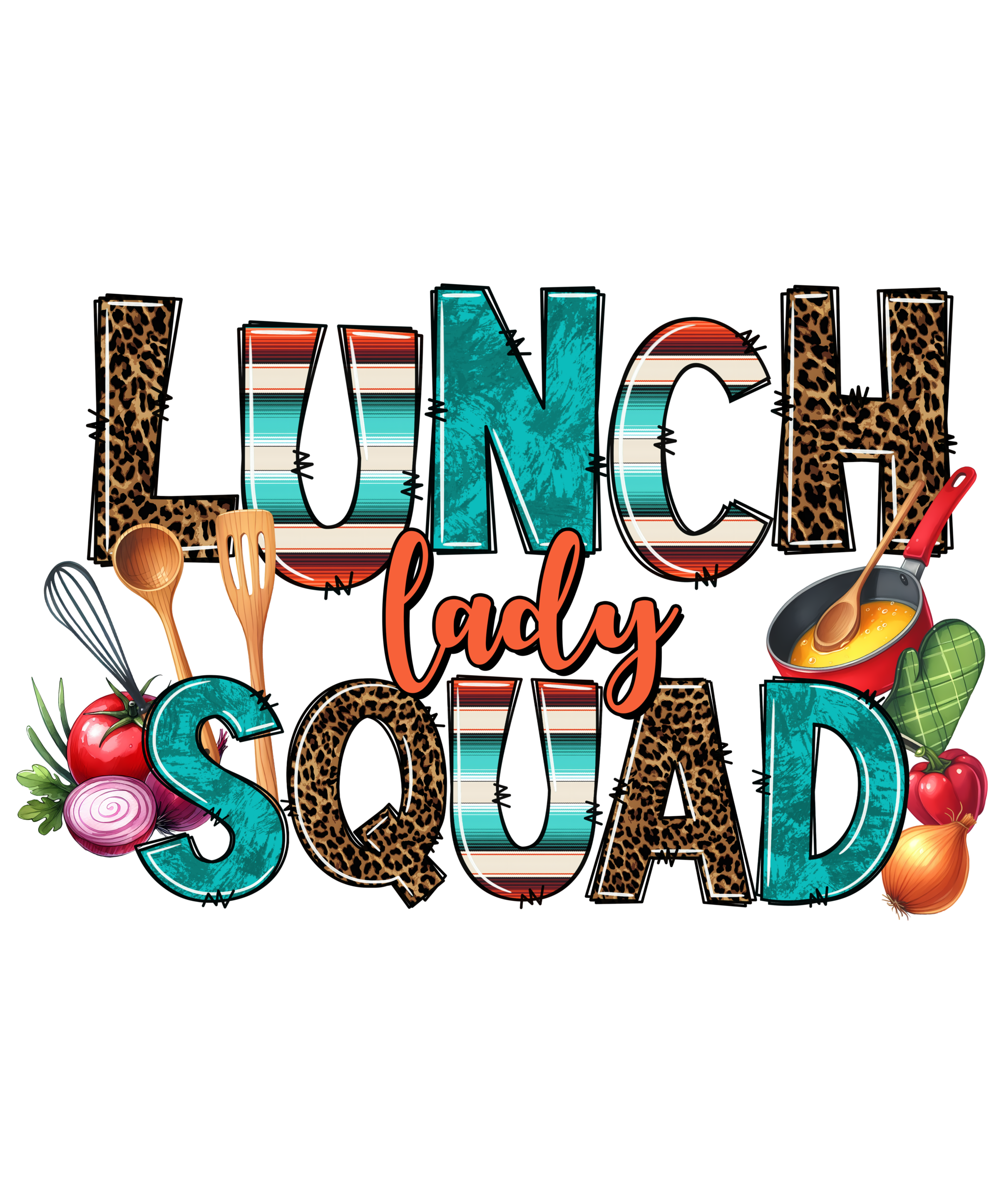 Lunch lady cafeteria worker illustration with leopard print and Watch Out Kindergarten text DTF print