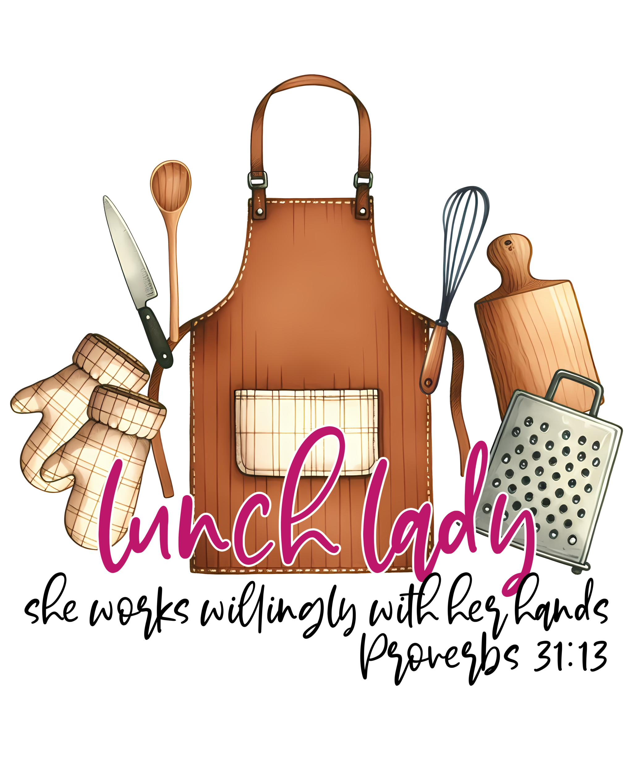 Lunch Lady Proverbs design with Watch Out Kindergarten text for adult DTF print