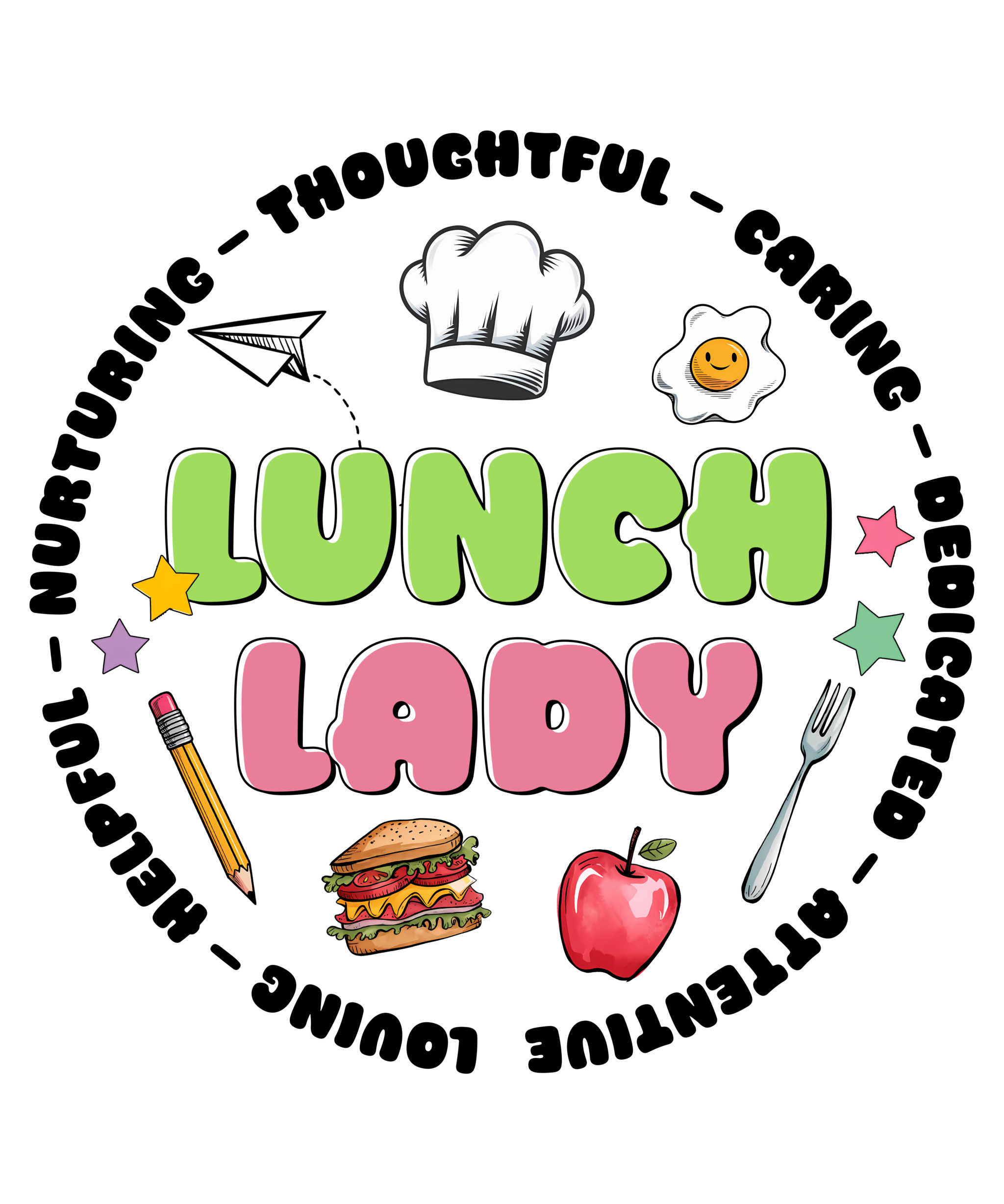 Lunch Lady DTF print design in various sizes for apparel and accessories, vibrant and durable Watch Out Kindergarten transfer