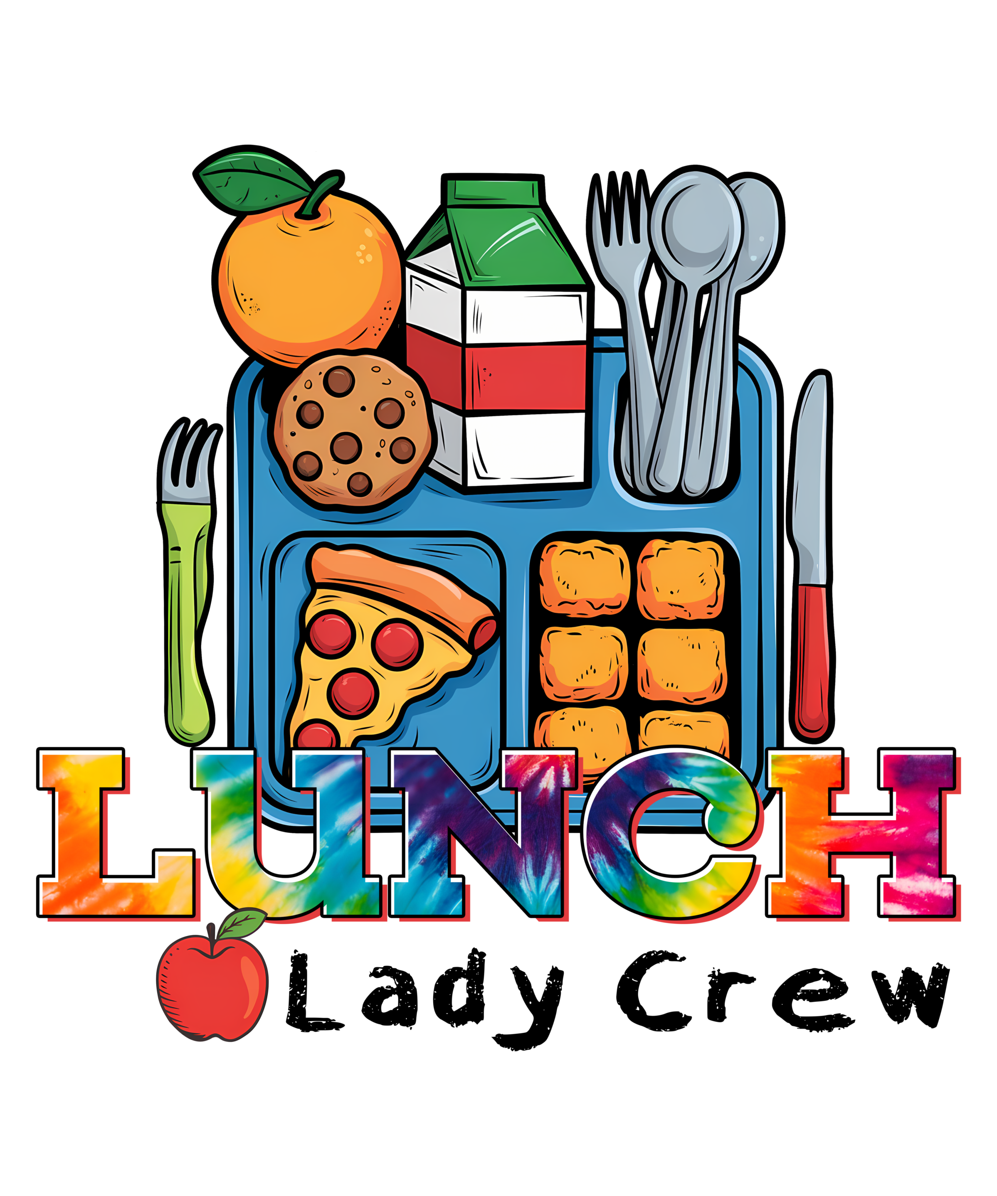 Lunch Lady Crew DTF print design with vibrant colors and Watch Out Kindergarten text, available in multiple sizes for apparel customization