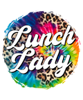 Colorful Lunch Lady leopard print DTF transfer for apparel customization with Watch Out Kindergarten design