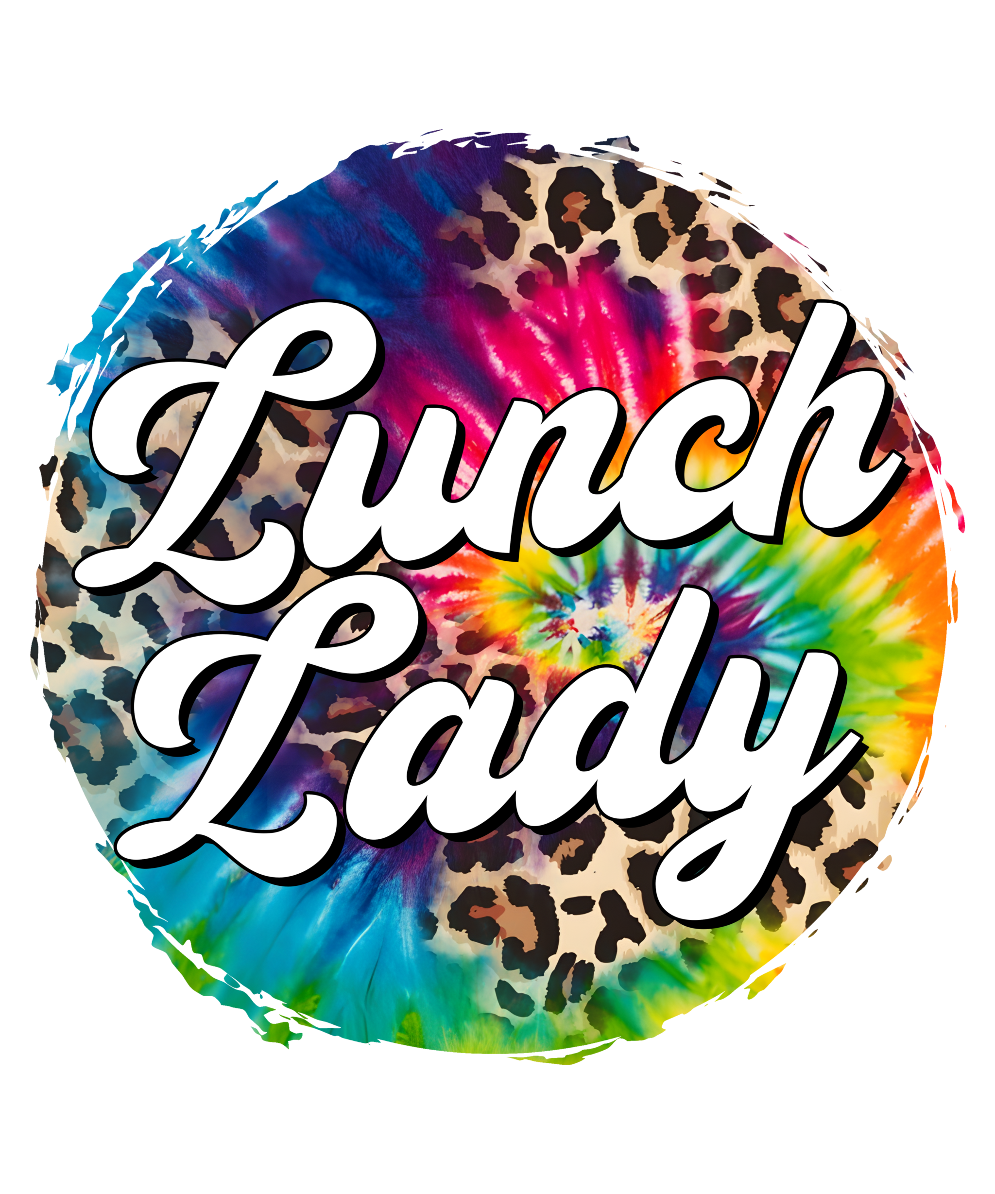 Colorful Lunch Lady leopard print DTF transfer for apparel customization with Watch Out Kindergarten design