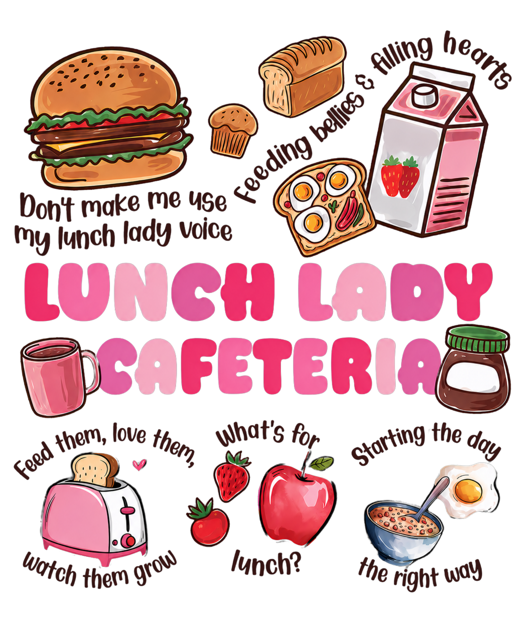 Watch Out Kindergarten Lunch Lady cafeteria DTF print transfer in various sizes for apparel customization