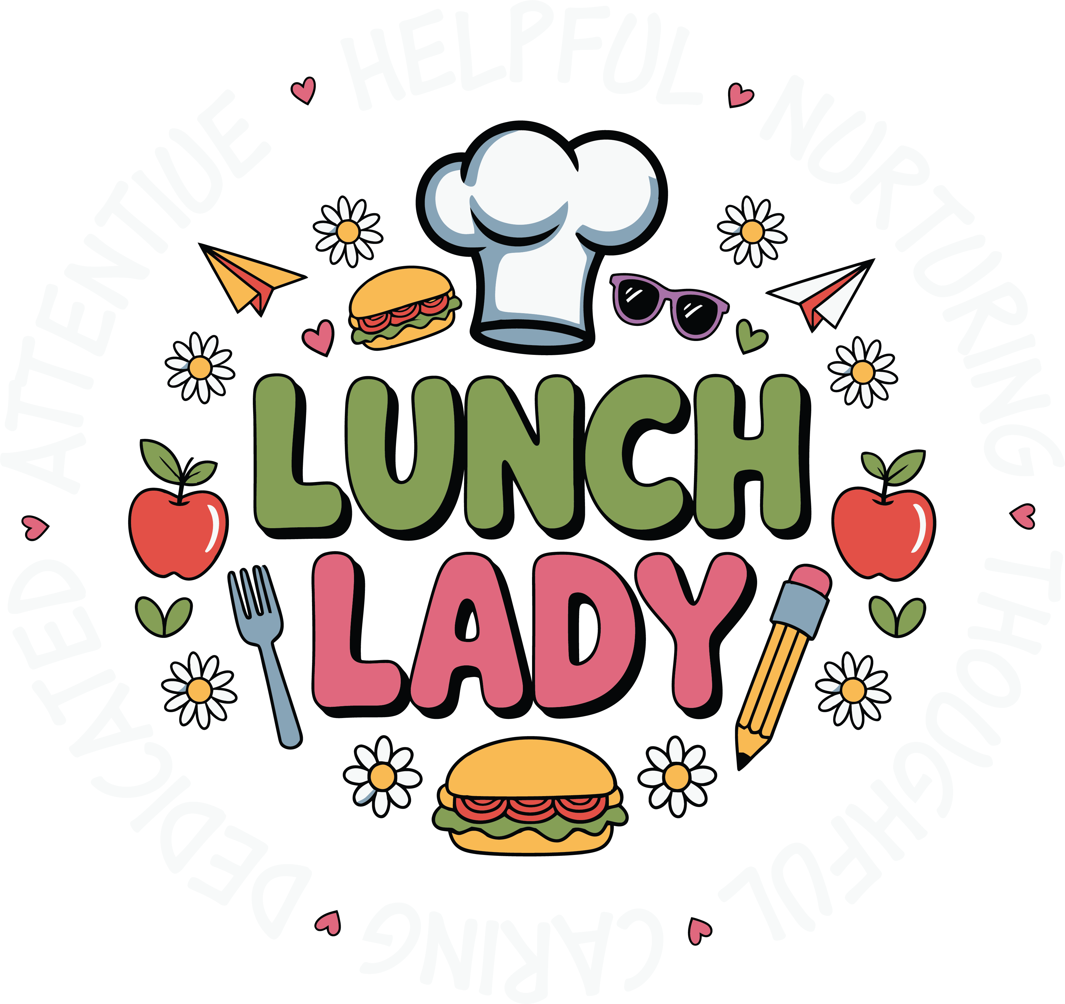 School lunch lady cafeteria worker with Watch Out Kindergarten print design