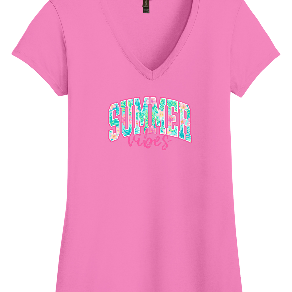 Gildan Women’s Softstyle V-neck t-shirt with tropical summer vibes graphic and pink accents