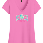 Gildan Women’s Softstyle V-neck t-shirt with tropical summer vibes graphic and pink accents