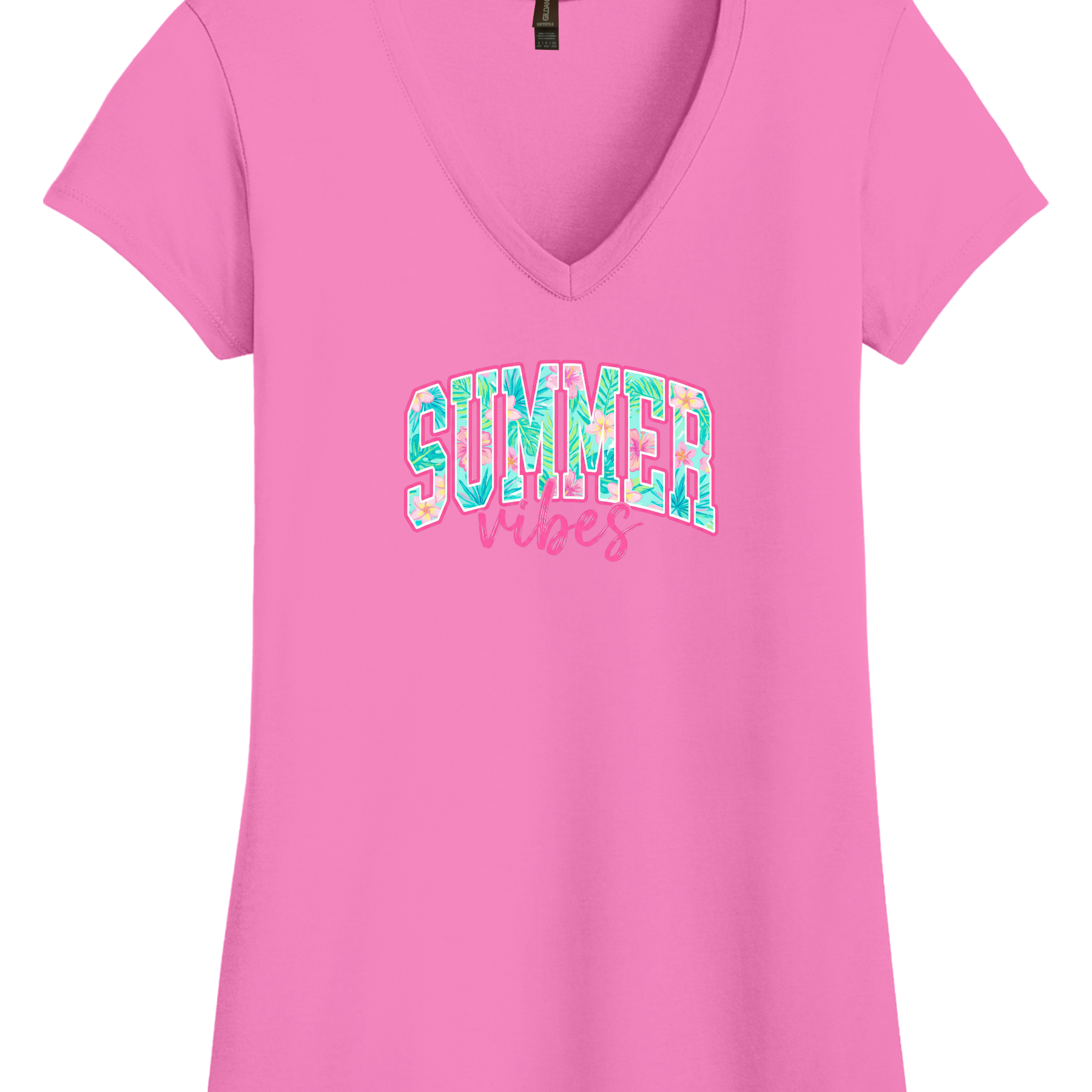 Gildan Women’s Softstyle V-neck t-shirt with tropical summer vibes graphic and pink accents