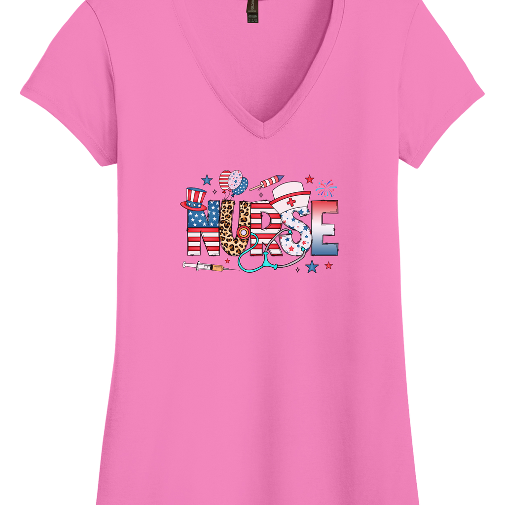 Women's Patriotic Nurse V-Neck Shirt with American flag and leopard print design, perfect for summer vibes and healthcare pride.