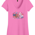 Women's Patriotic Nurse V-Neck Shirt with American flag and leopard print design, perfect for summer vibes and healthcare pride.