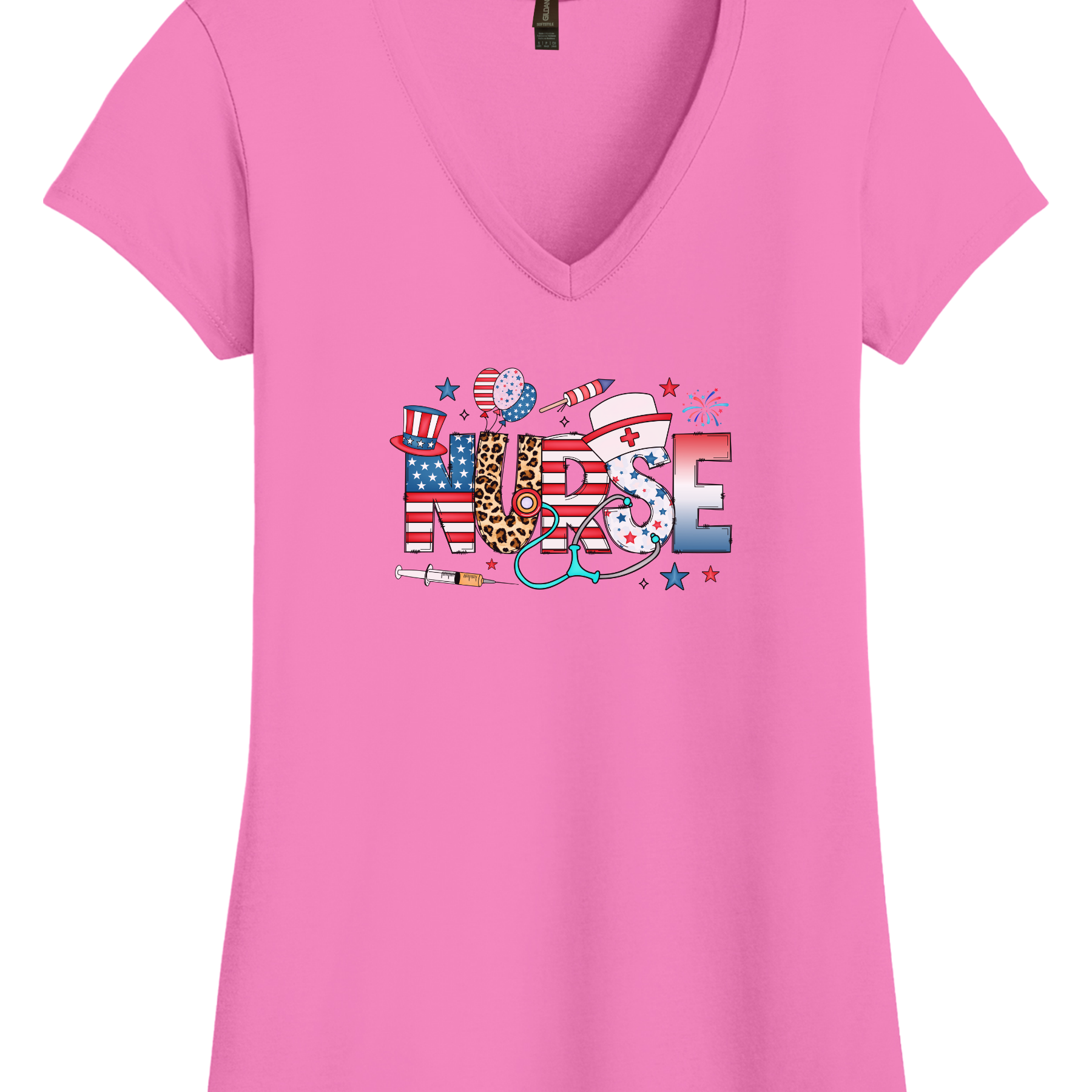 Women's Patriotic Nurse V-Neck Shirt with American flag and leopard print design, perfect for summer vibes and healthcare pride.