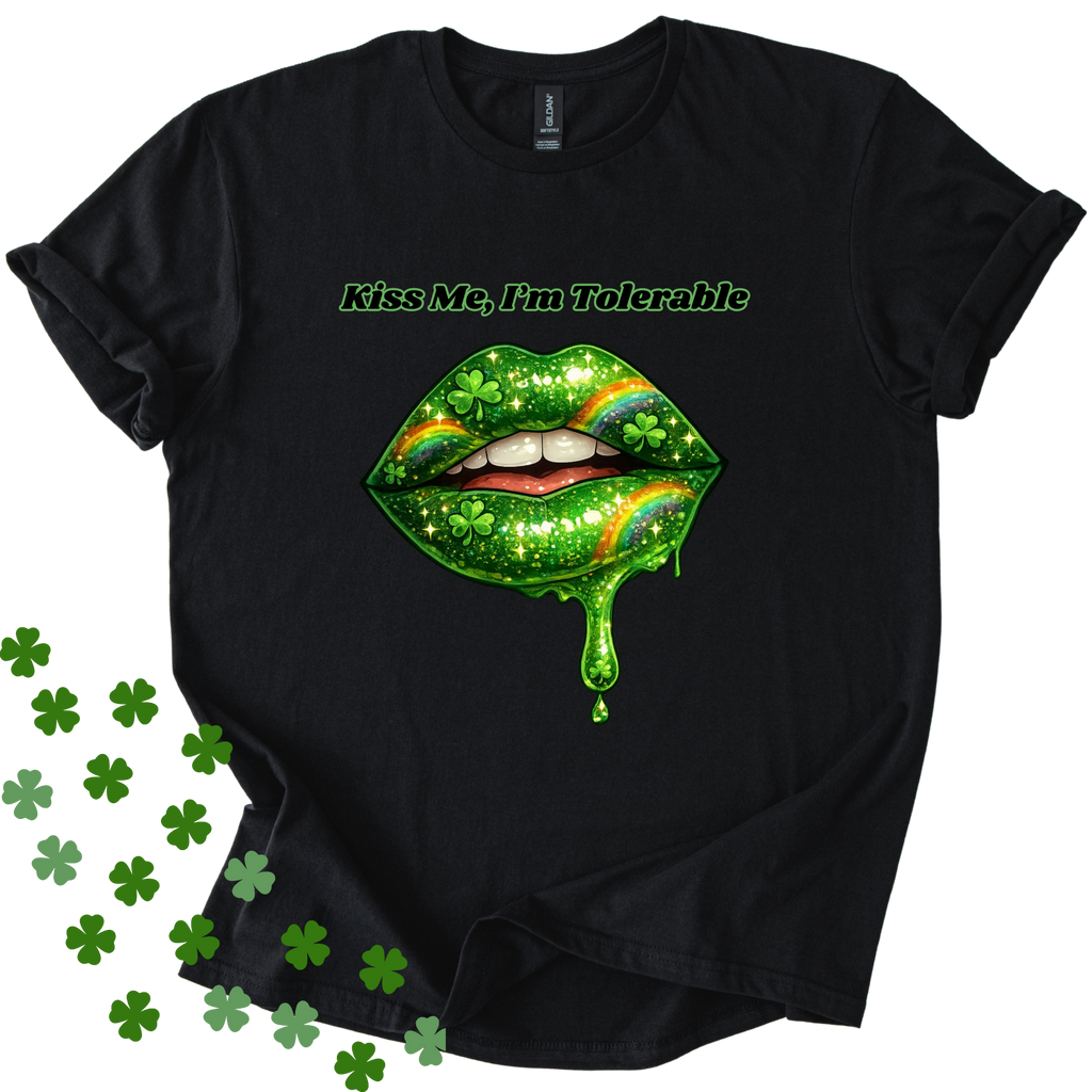 Black St Patricks Day Kiss Me I'm Tolerable unisex softstyle shirt design