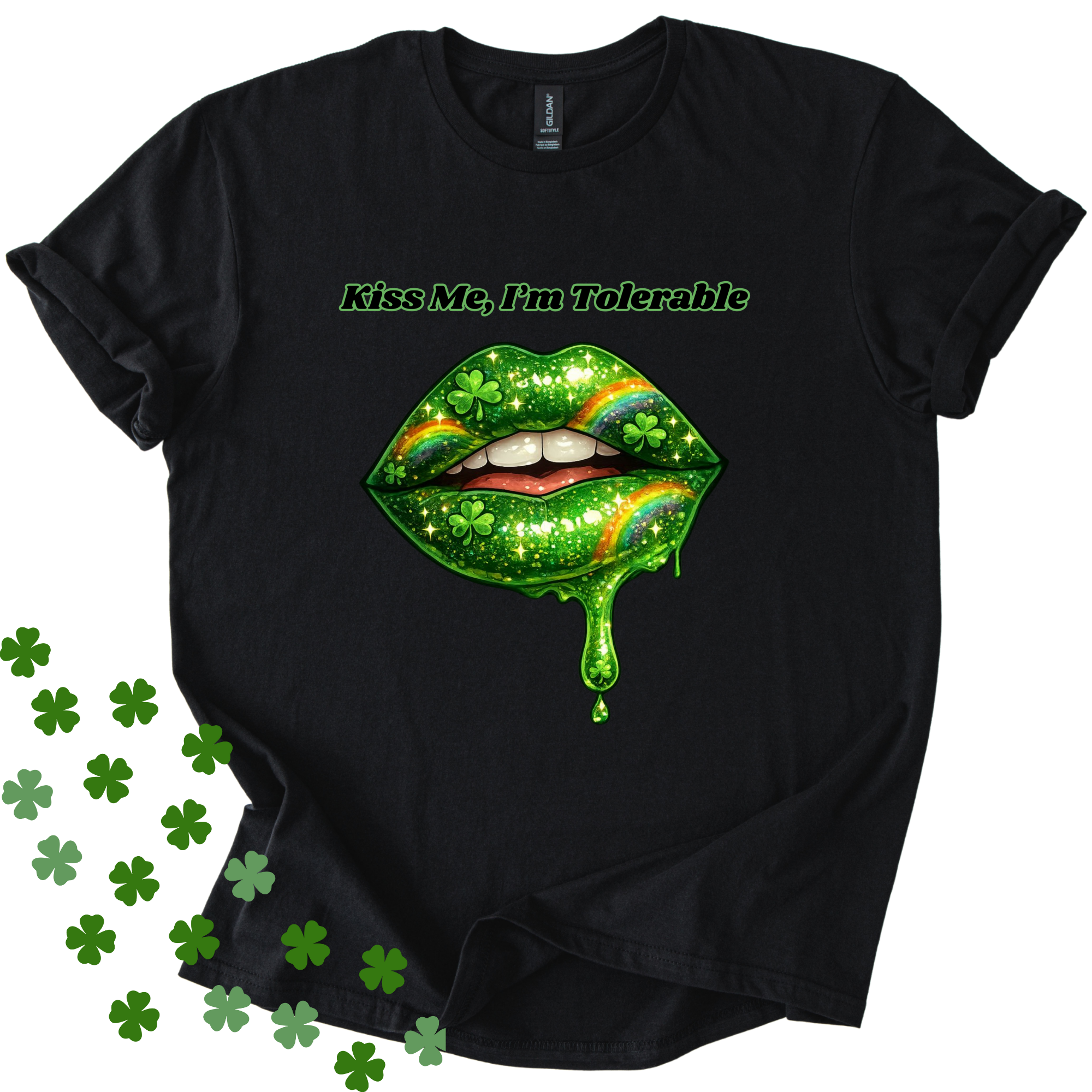 Black St Patricks Day Kiss Me I'm Tolerable unisex softstyle shirt design