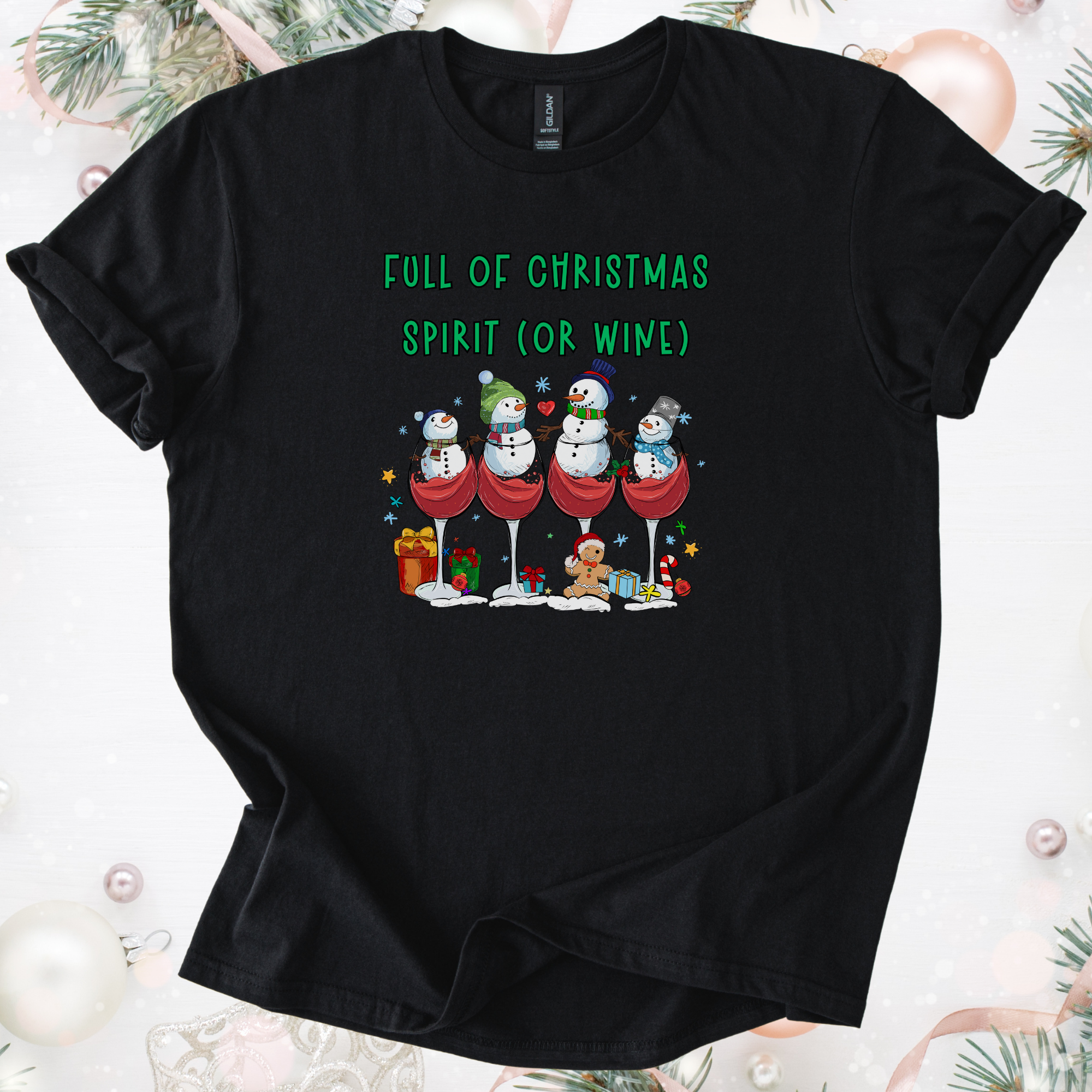 Black festive holiday tee with snowmen in wine glasses and "Full of Christmas Spirit (or Wine)" text design
