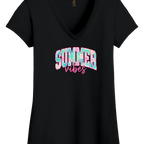 Gildan Women’s Softstyle V-Neck T-Shirt with tropical summer vibes graphic and pink accents
