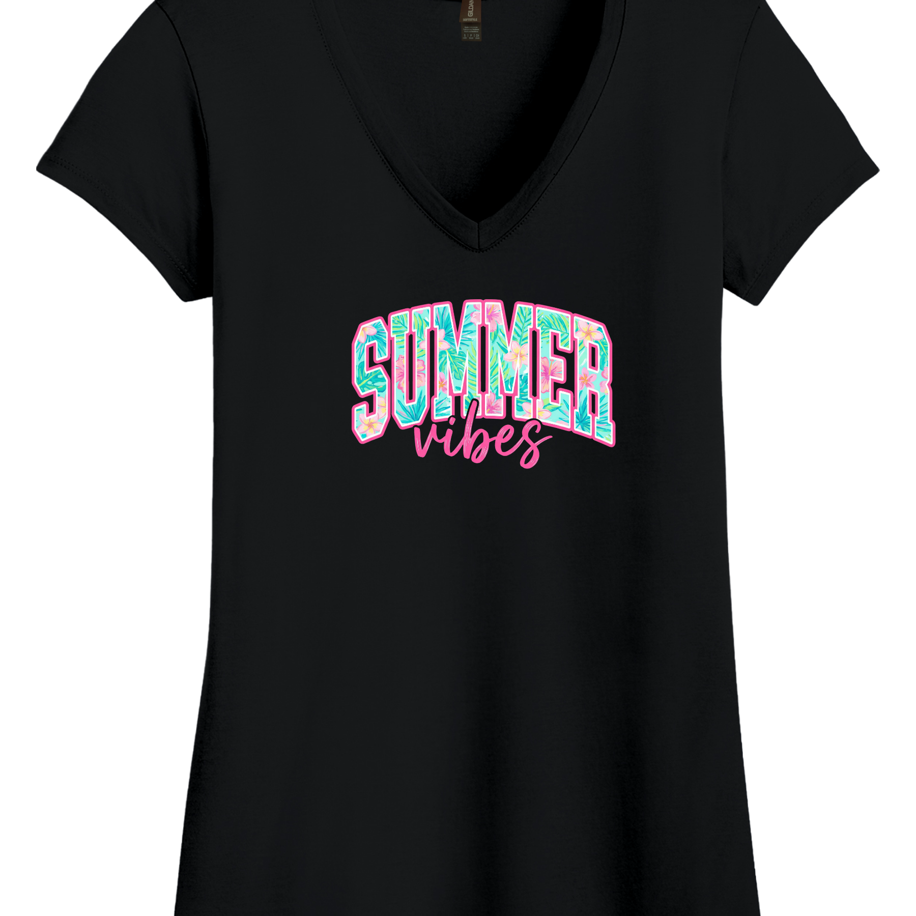 Gildan Women’s Softstyle V-Neck T-Shirt with tropical summer vibes graphic and pink accents