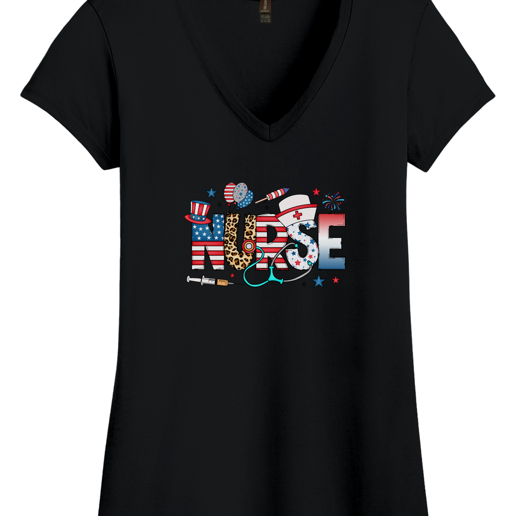 Women's Patriotic Nurse V-Neck Shirt with red, white, blue, American flag, and leopard print summer vibes design