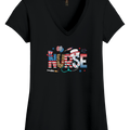 Women's Patriotic Nurse V-Neck Shirt with red, white, blue, American flag, and leopard print summer vibes design