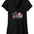 Women's Patriotic Nurse V-Neck Shirt with red, white, blue, American flag, and leopard print summer vibes design
