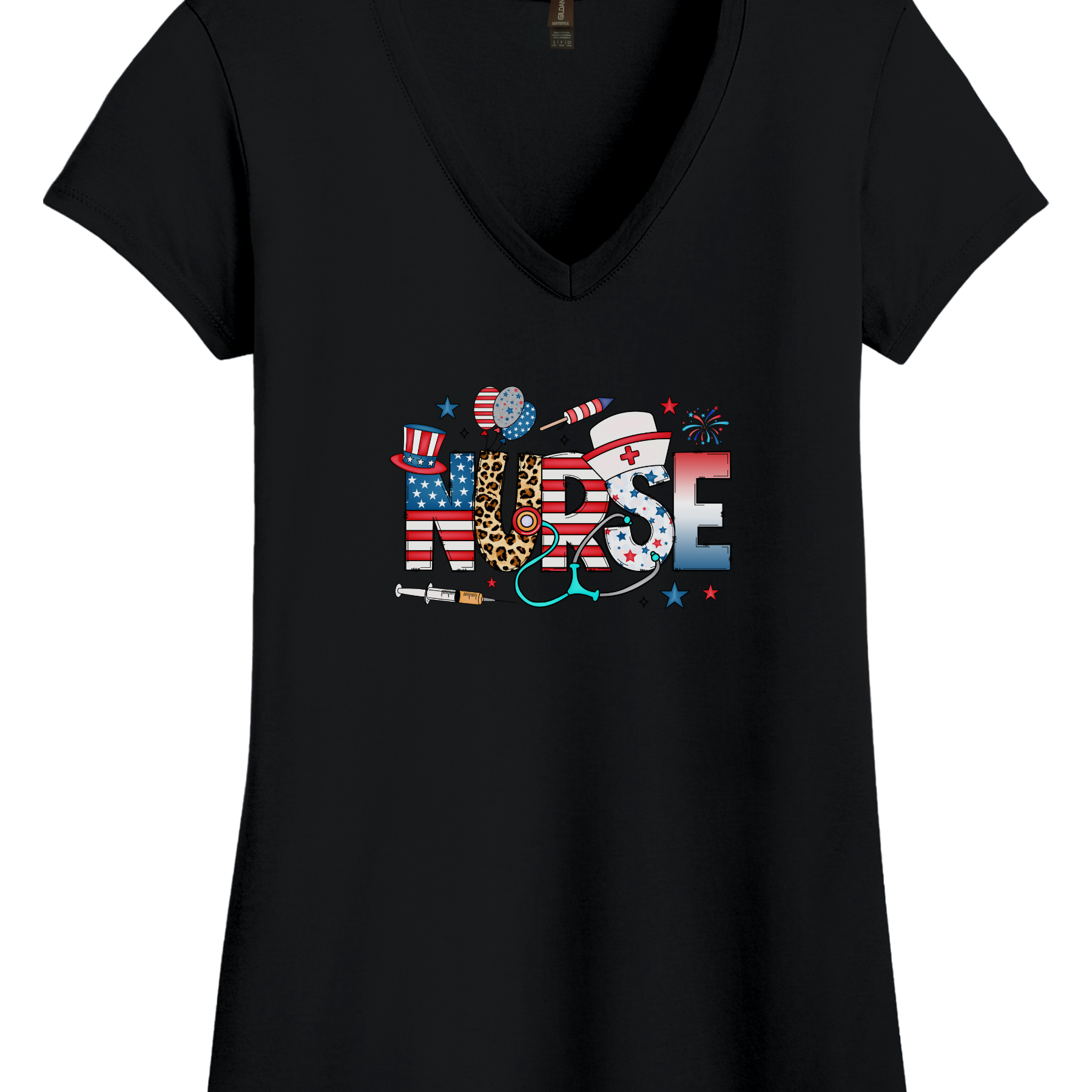 Women's Patriotic Nurse V-Neck Shirt with red, white, blue, American flag, and leopard print summer vibes design