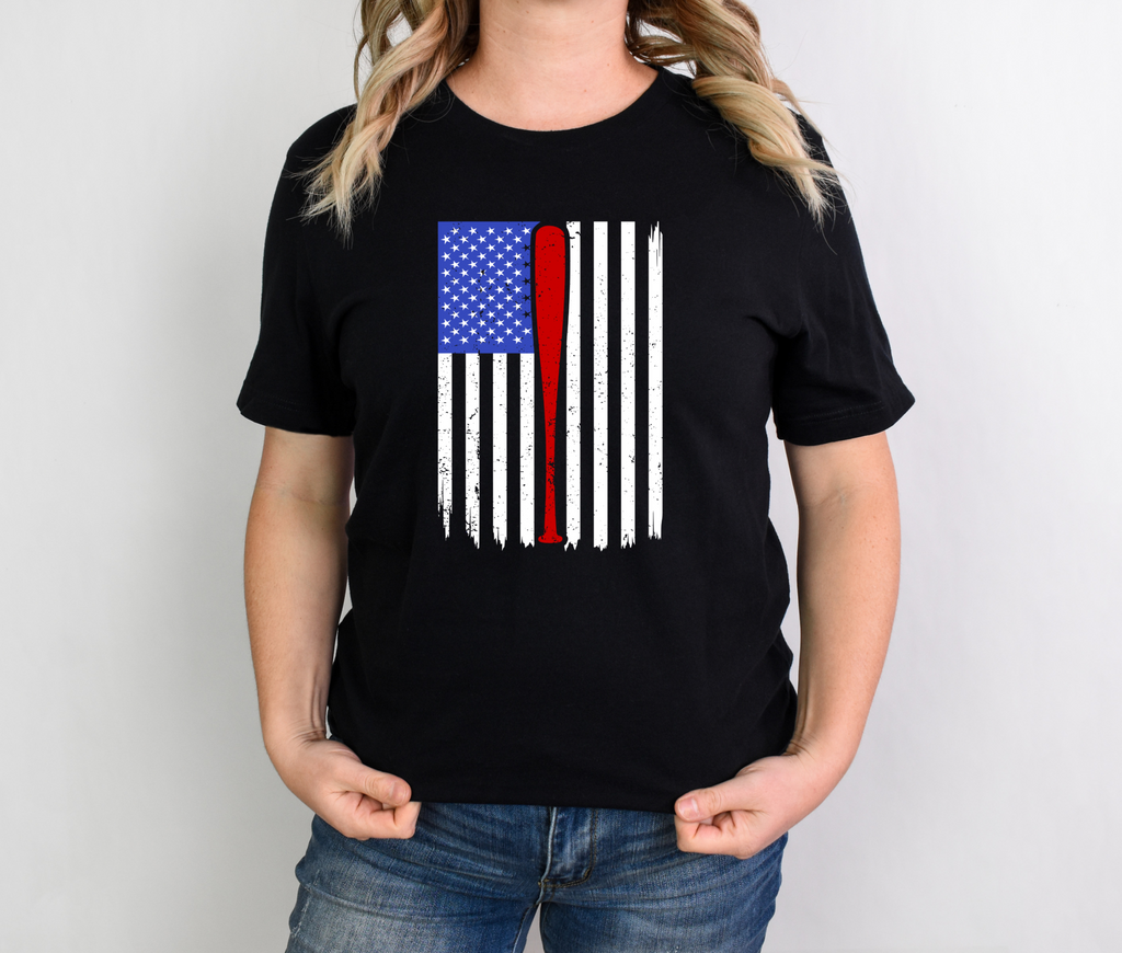 Patriotic Baseball unisex shirt with American flag and baseball bat graphic.