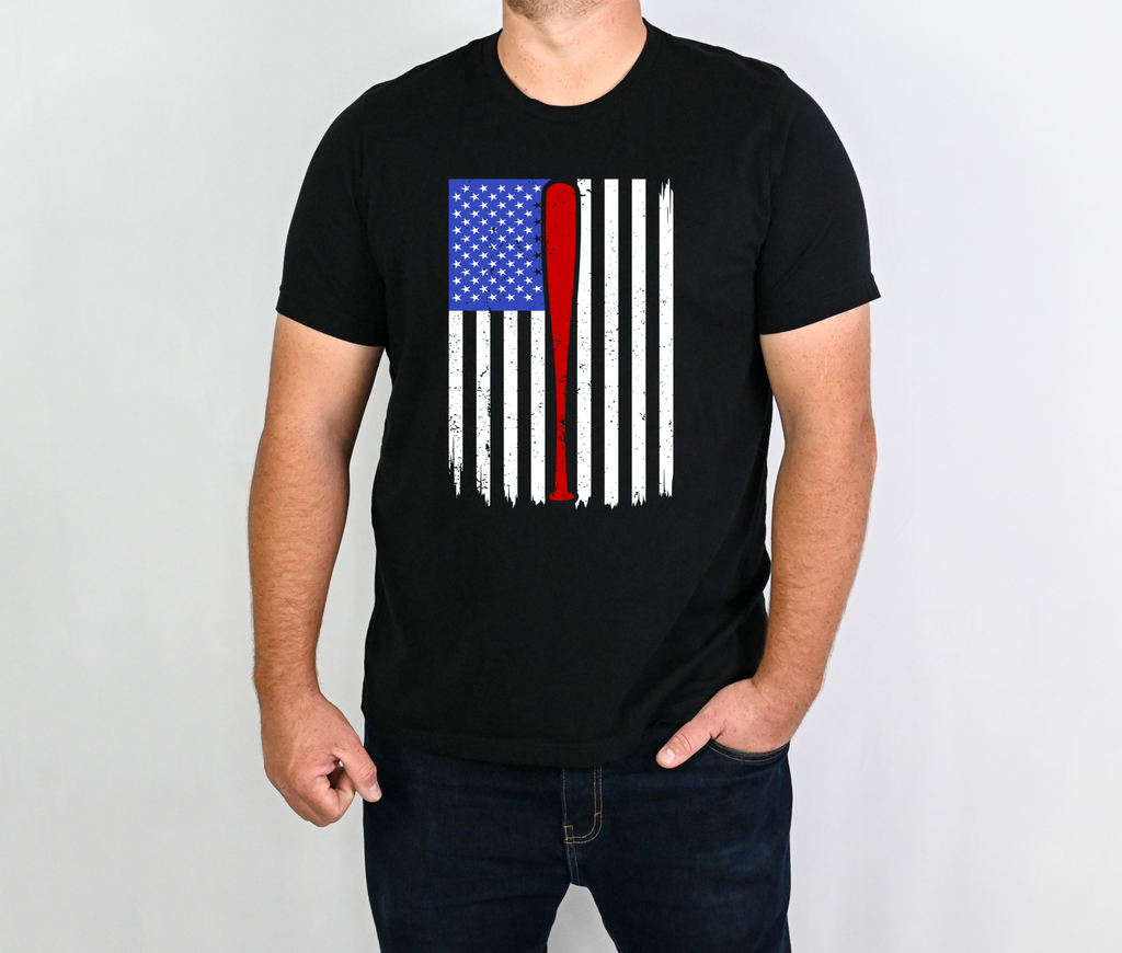 Patriotic baseball shirt with American flag design and baseball bat.
