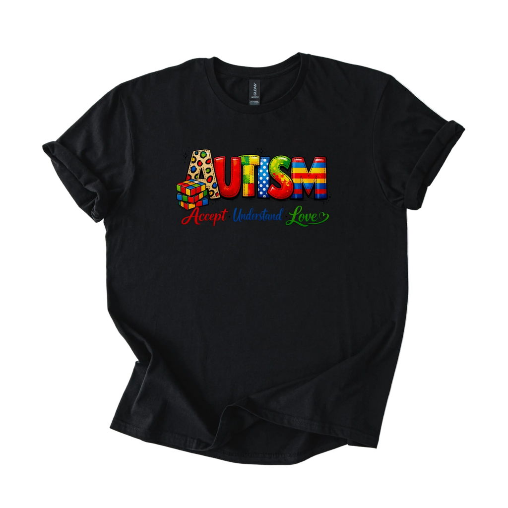Colorful autism acceptance shirt with Accept Understand Love message on softstyle tee