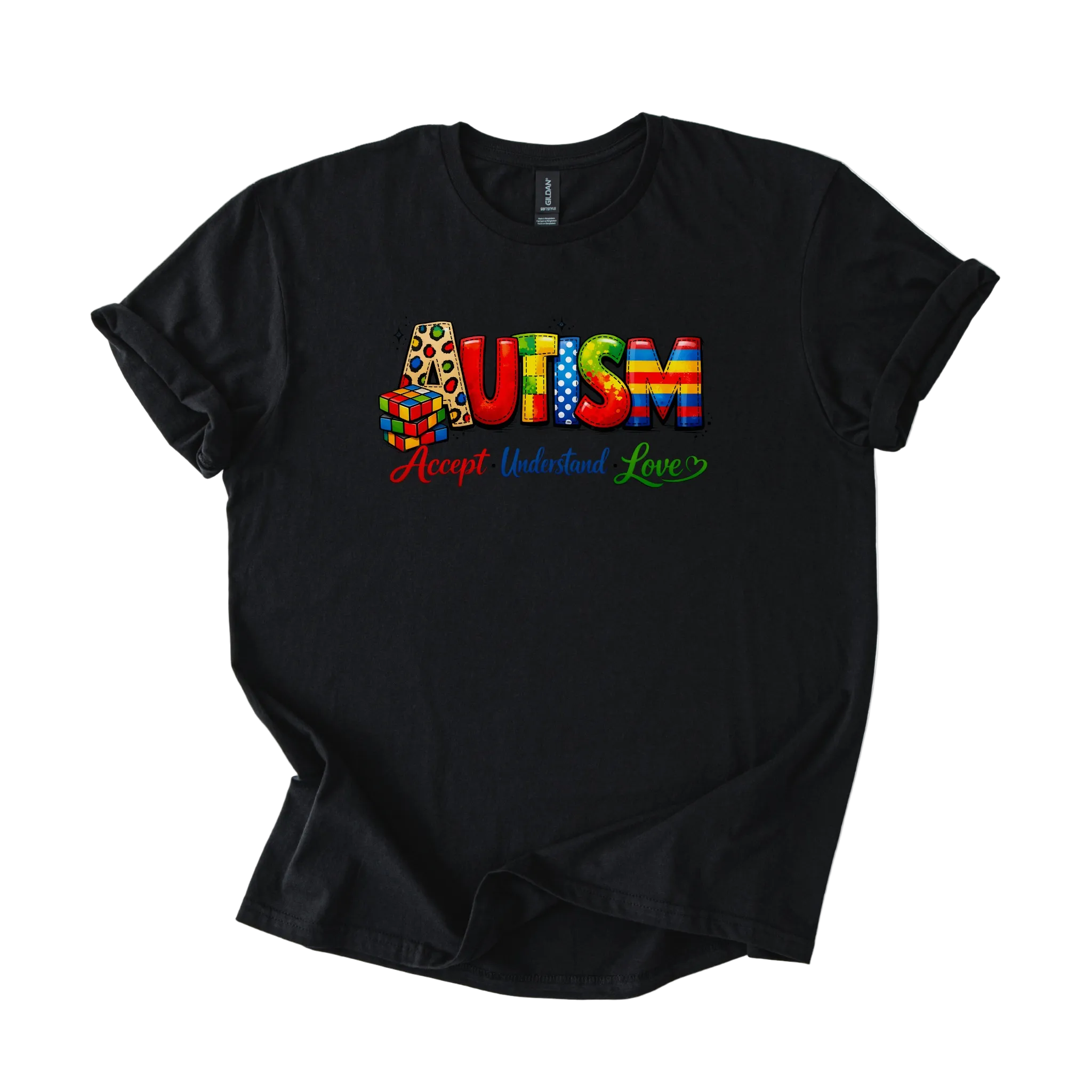 Colorful autism acceptance shirt with Accept Understand Love message on softstyle tee